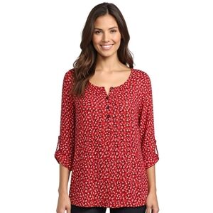 Red Polka-dot Henley Women's XL Floral Relaxed 3/4 Sleeve Classic Timeless Knit